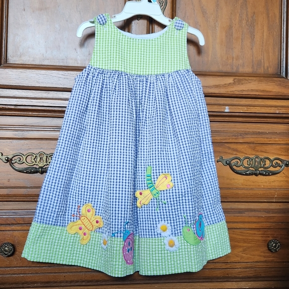 Vintage Rare Editions Girl's Embroidered Seersucker Dress, Green/Blue, Size: 4T - Picture 2 of 7